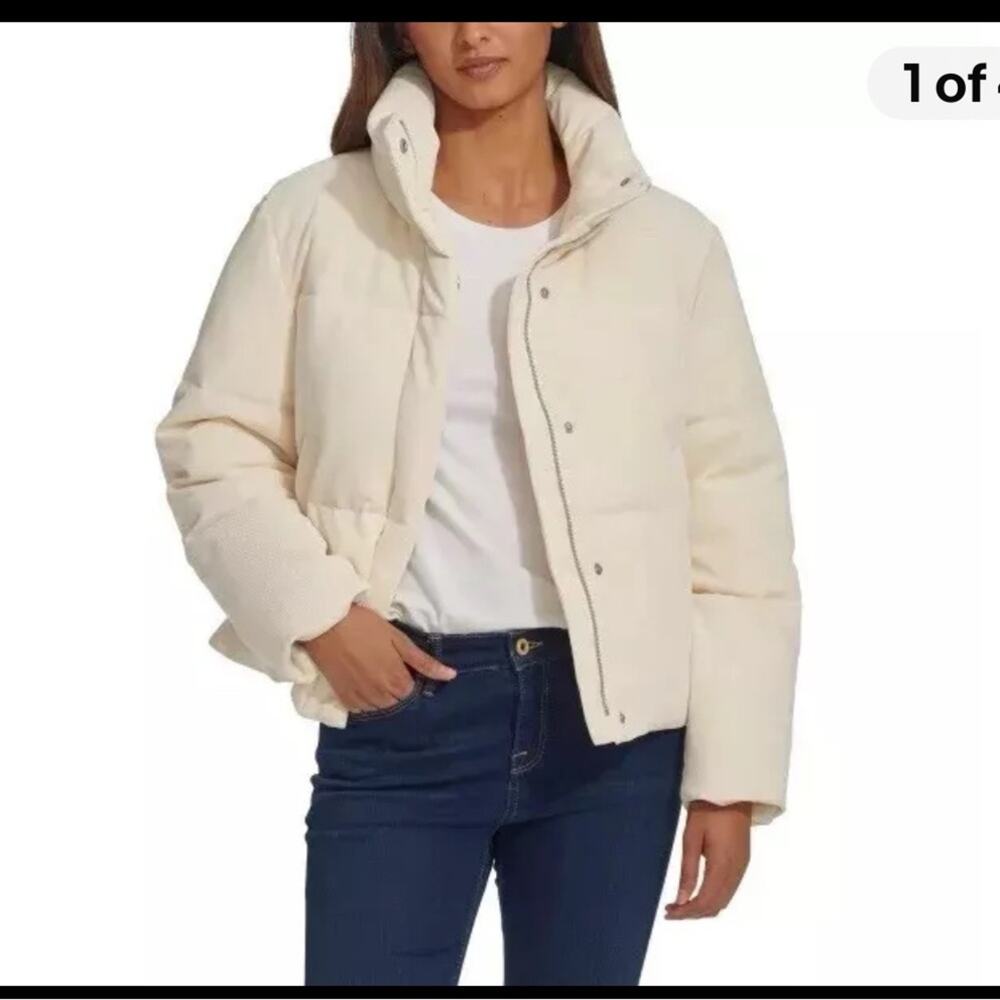 Levi’s Women’s Corded Puffer Jacket XL Cream Ribbed Winter Coat New - Picture 2 of 13